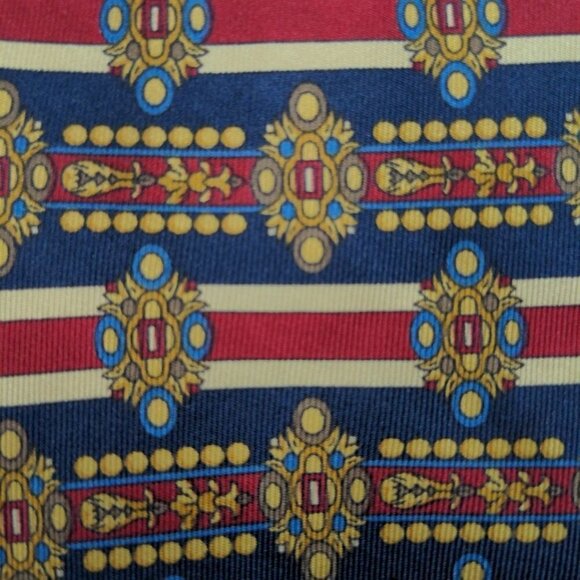 Tattersall Geometric Blue Gold Red White Novelty Silk Necktie - Picture 2 of 6